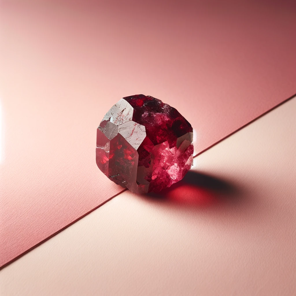 Here's the image of a rough garnet gemstone against a light pink background, showcasing its natural texture and deep red color.