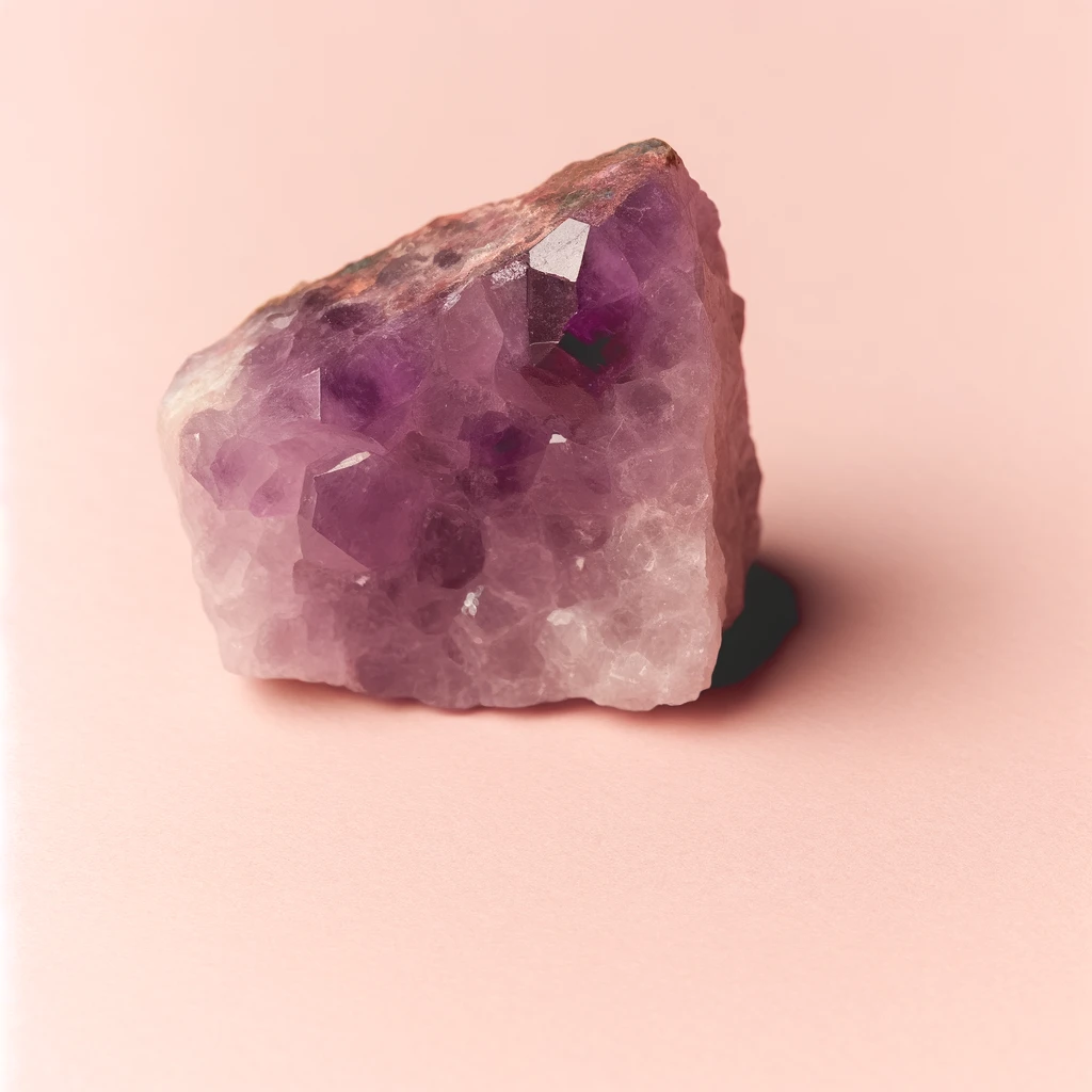 Here are the images of a rough amethyst crystal against a light pink background, showcasing its natural texture and deep purple hues. Each image captures the crystal's raw beauty and the striking contrast with the background.