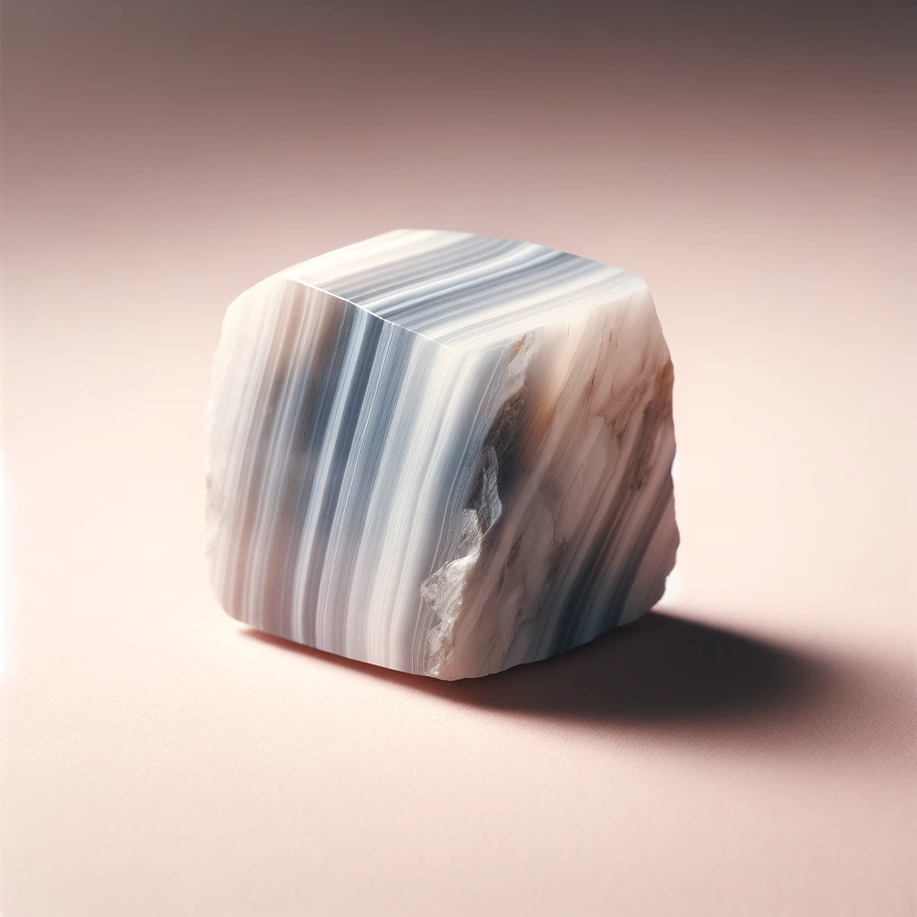 Here's the image of a rough white tiger's eye against a light pink background, showcasing its characteristic silky luster and chatoyant effect. The stone's unique bands of light and its white to gray color palette stand out vividly against the backdrop, highlighting its raw beauty and rich texture