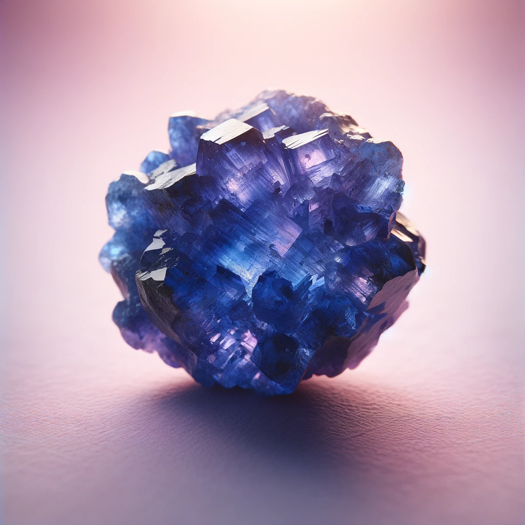 Here's the image of a rough tanzanite against a light pink background, showcasing its vibrant blue-violet color and natural texture. The tanzanite's intense depth of color and raw beauty stand out vividly against the backdrop, highlighting its unique qualities.