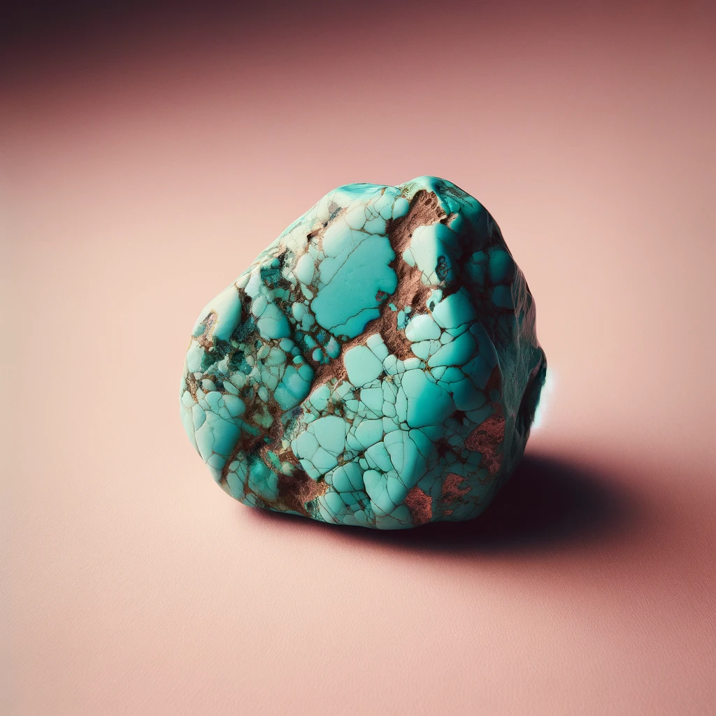 Here's the image of a rough turquoise against a light pink background, showcasing its distinctive blue-green color and natural texture. The turquoise's unique matrix patterns and rich color stand out vividly against the backdrop, highlighting its raw beauty.