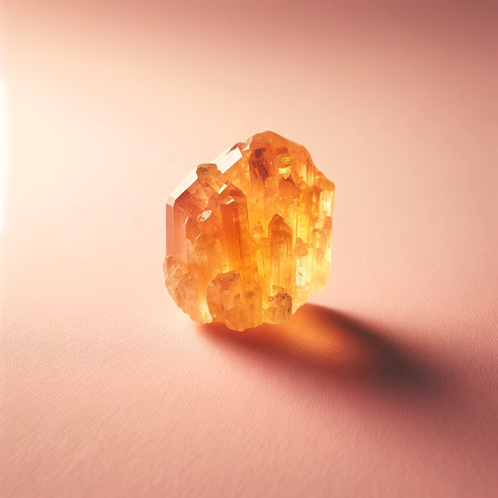 Here's the image of a rough citrine against a light pink background, showcasing its warm, golden yellow color and natural texture. The citrine's vibrant hue stands out vividly against the backdrop, highlighting its raw beauty and the richness of its color.