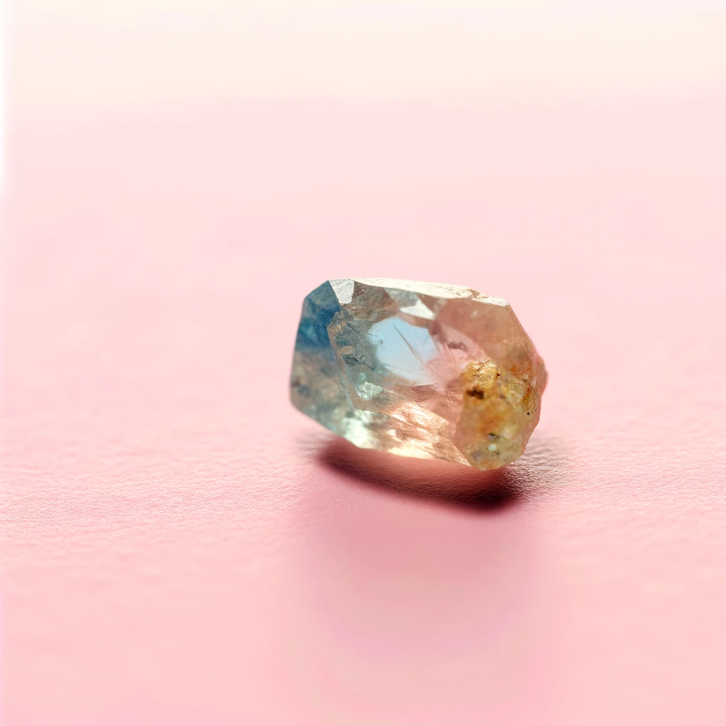 Here are two images of rough topaz against a light pink background, showcasing its range of colors from clear to blue to golden yellow. The natural, unpolished state of the topaz highlights its raw beauty and the clarity of its colors, creating a striking contrast with the backdrop. Each image emphasizes the rich color spectrum and unique texture of the topaz.