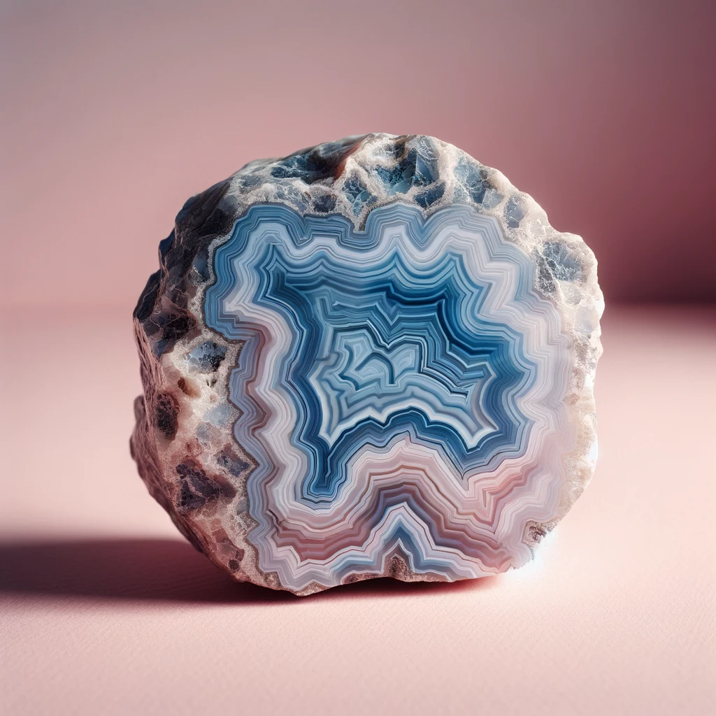 Here's the image of a piece of rough lace agate against a light pink background, showcasing its intricate patterns and lace-like designs in shades of blue, white, and gray. The delicate, detailed patterns of the lace agate stand out vividly against the backdrop, emphasizing its raw beauty and unique appearance.