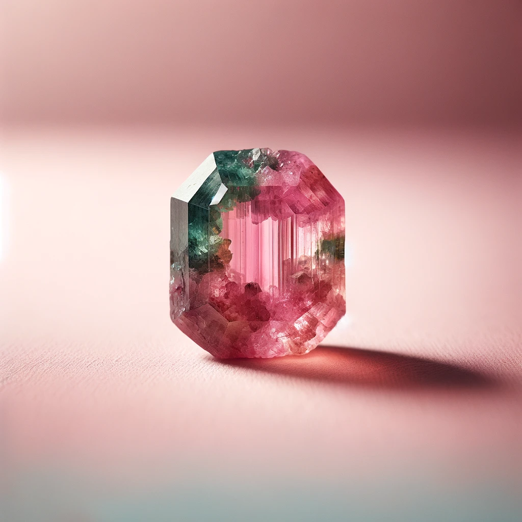 Here's the image of a rough tourmaline against a light pink background, showcasing its unique color gradient from pink to green. The gemstone's raw beauty and the striking contrast of colors stand out vividly against the backdrop, highlighting the rich color spectrum and unique texture of the tourmaline.