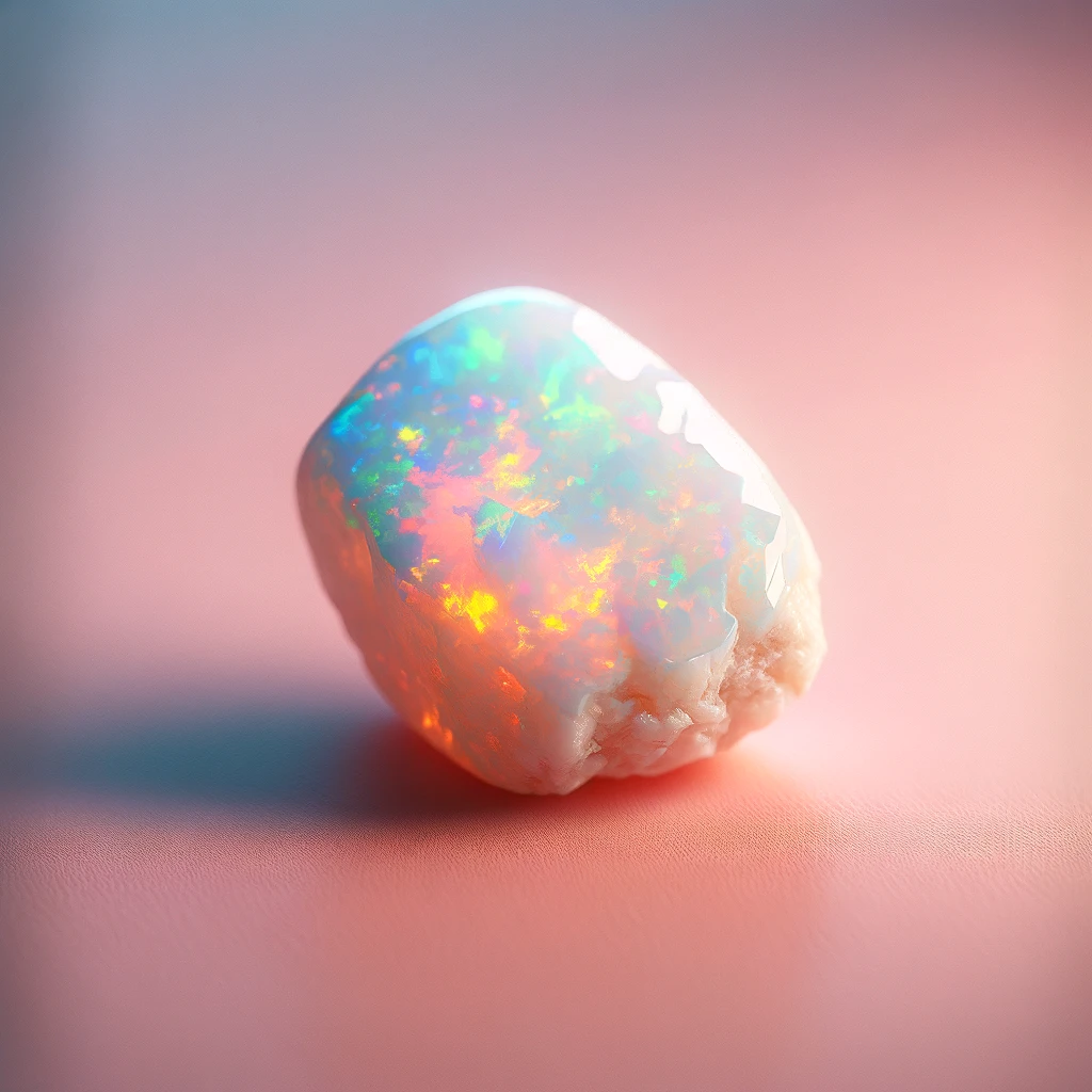 Here's the image of a rough opal against a light pink background, showcasing its stunning play-of-color with flashes of rainbow hues. The opal's magical display of colors stands out vividly against the backdrop, highlighting its raw beauty and unique texture.