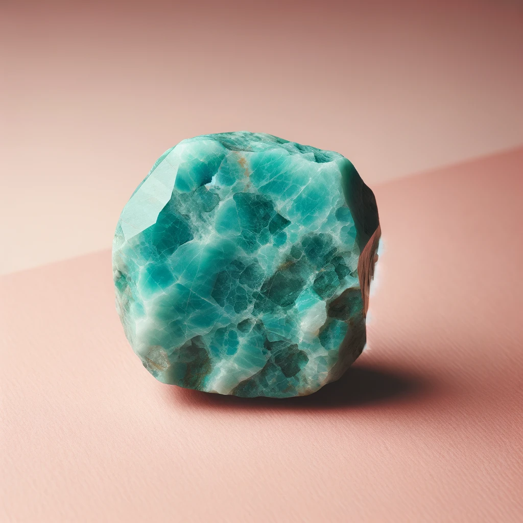 Here's the image of a rough amazonite against a light pink background, showcasing its turquoise to blue-green color and natural texture. The stone's soothing shades stand out vividly against the backdrop, highlighting its raw beauty and the unique qualities of the gemstone.