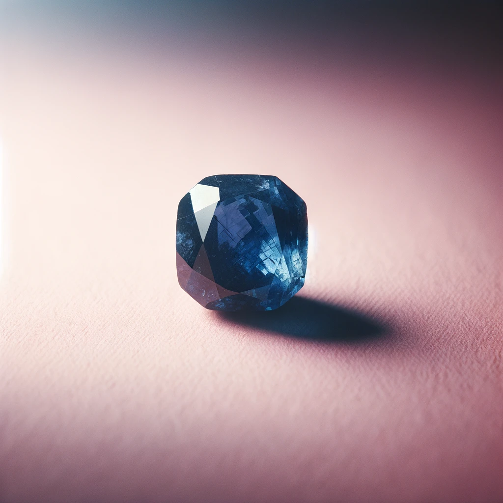 Here's the image of a rough sapphire against a light pink background, showcasing its deep blue color and natural texture. The sapphire's rich hue stands out vividly against the backdrop, highlighting its raw beauty and the intensity of its color.