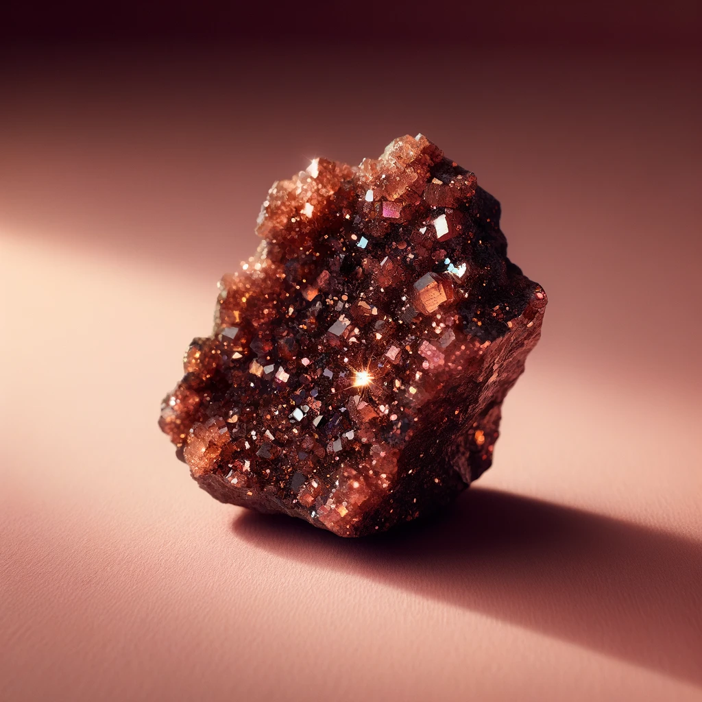 Here's the image of a piece of rough goldstone against a light pink background, showcasing its deep brown color with sparkling copper flecks. The stone's glittering texture and the brilliant sparkles stand out vividly against the backdrop, highlighting its unique beauty and shimmering effect.