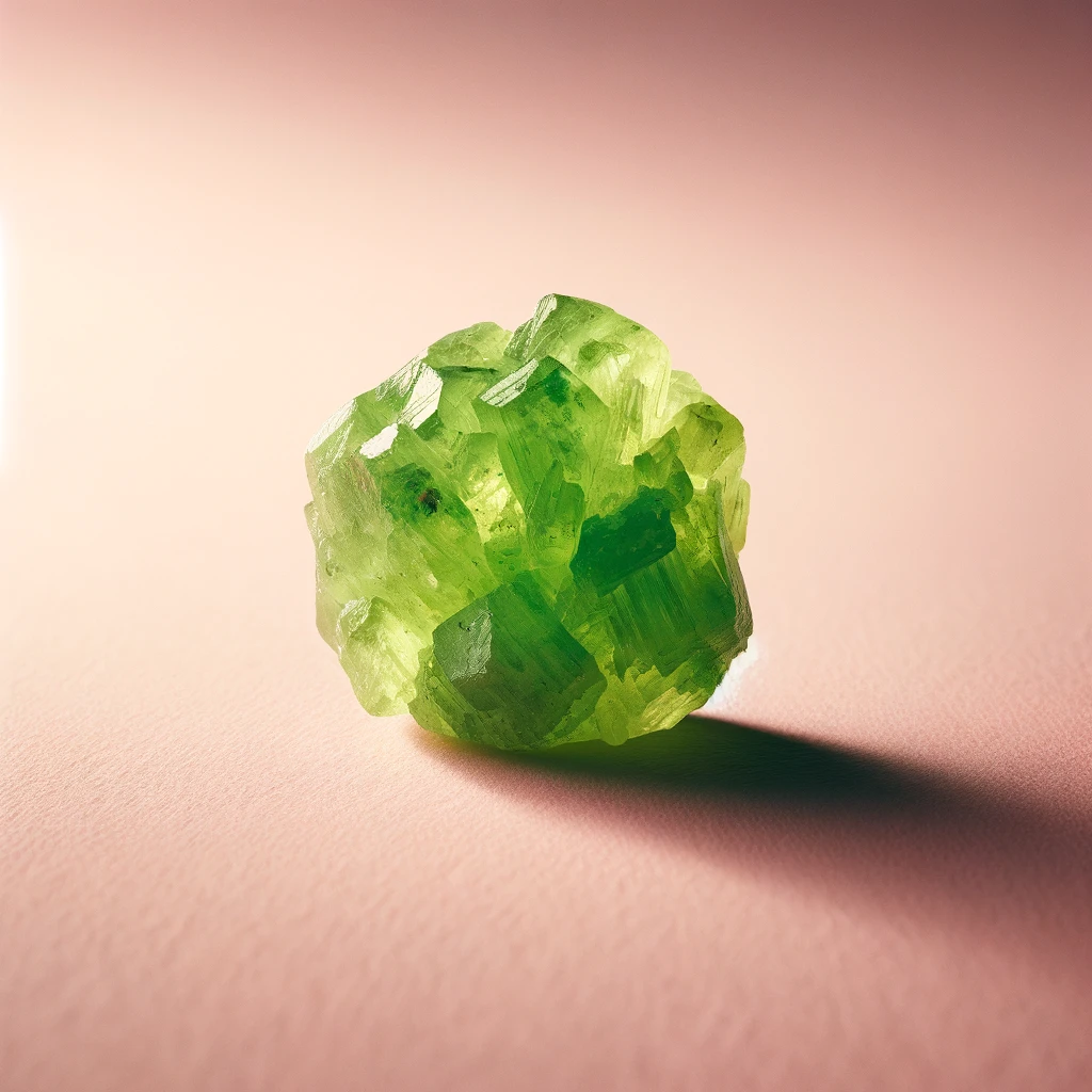 Here's the image of a rough peridot against a light pink background, showcasing its bright green color and natural texture. The gemstone's vibrant hue stands out vividly against the backdrop, highlighting its raw beauty.