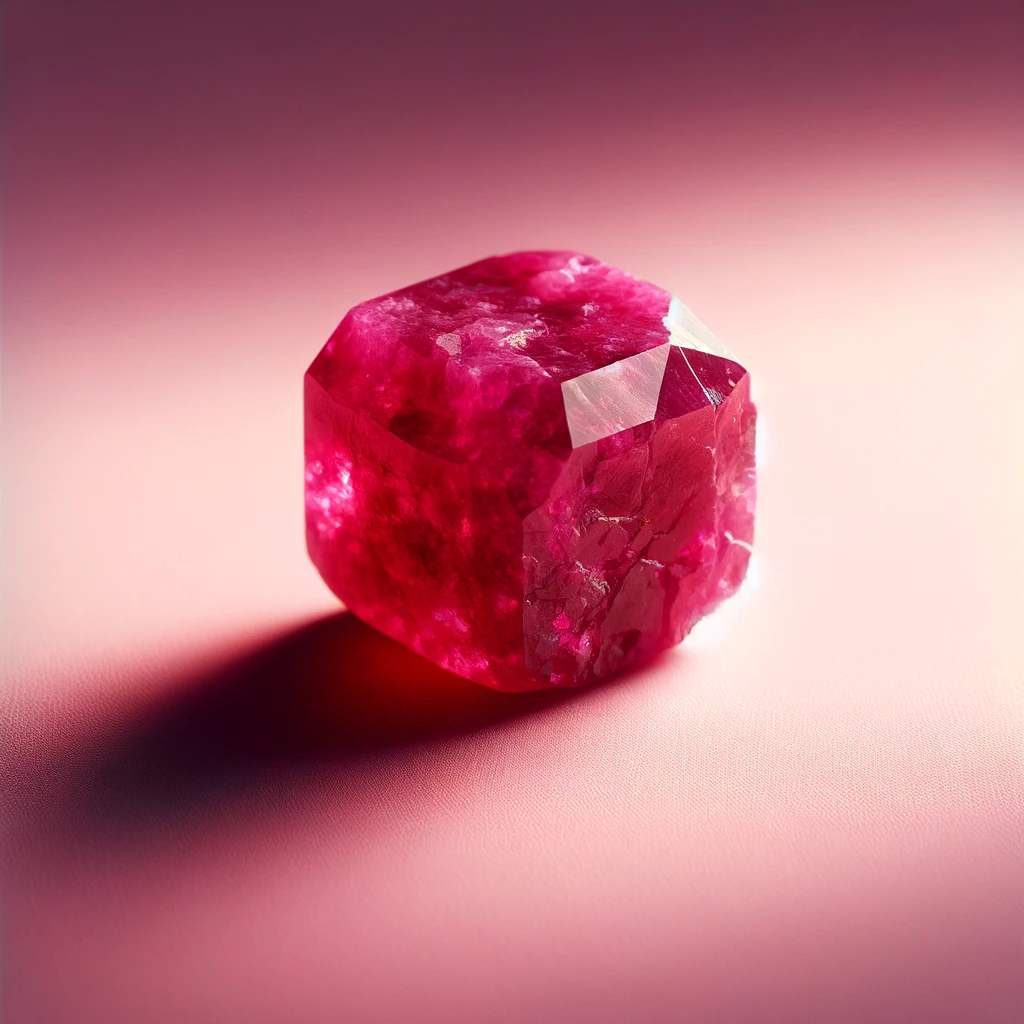 Here's the image of a rough ruby against a light pink background, showcasing its deep red color and natural texture. The ruby's intense hue stands out vividly against the backdrop, highlighting its raw beauty.