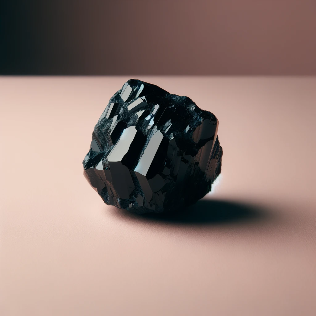 Here's the image of a rough obsidian stone against a light pink background, showcasing its glossy black color and natural, jagged texture. The contrast between the obsidian's dark, reflective surface and the soft background accentuates its volcanic glass qualities.