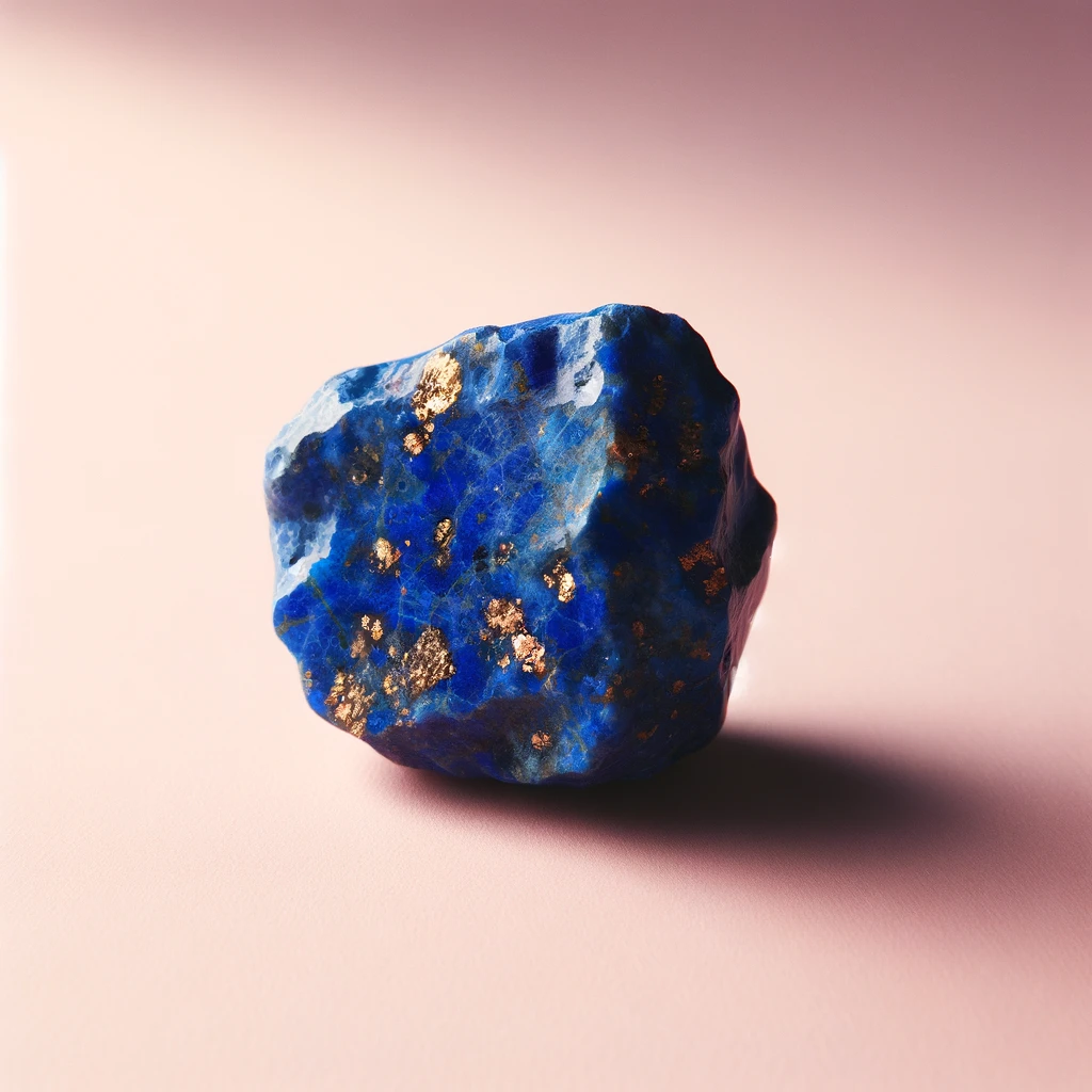 Here's the image of a rough lapis lazuli stone against a light pink background, showcasing its deep blue color with golden pyrite inclusions. The natural, unpolished texture of the stone contrasts beautifully with the smooth backdrop, emphasizing its mystical and regal qualities.