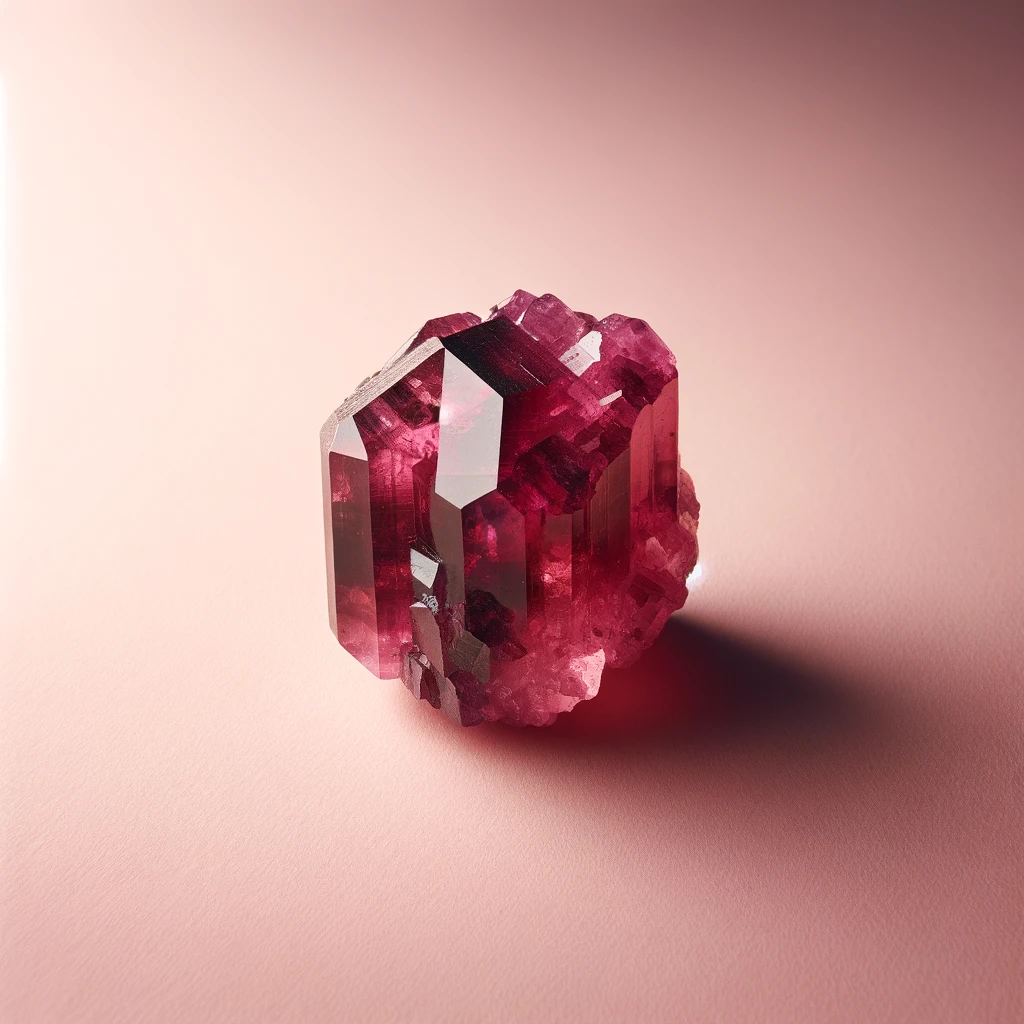 Here's the image of a rough rhodolite garnet crystal against a light pink background, showcasing its natural texture and vibrant raspberry-red to purplish-red hues. The contrast with the background highlights the gemstone's unique beauty.