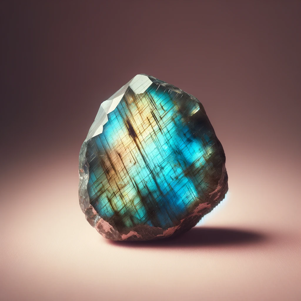 Here's the rough labradorite crystal against a light pink background, highlighting its unique play of colors and natural texture. The iridescent flashes of blues, greens, and golds are beautifully contrasted against the gentle backdrop.