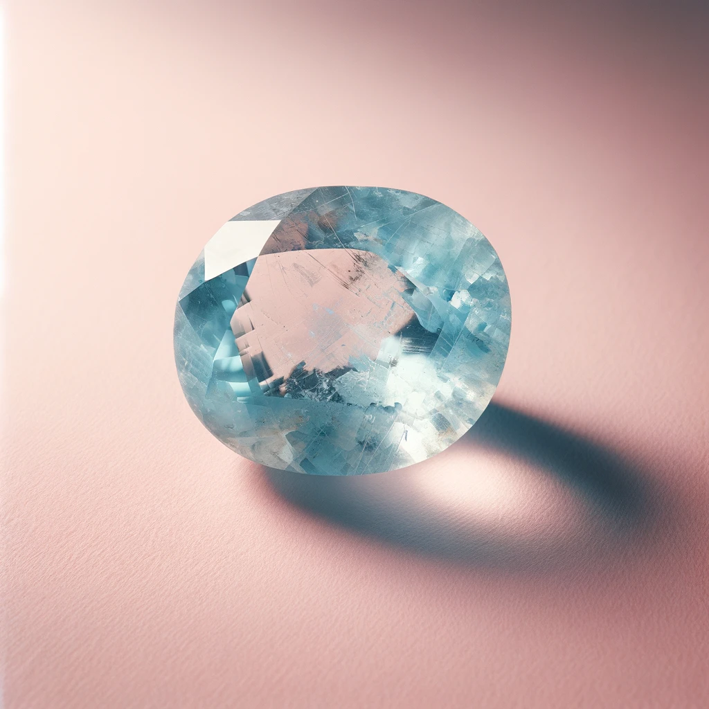 Here's the image of a rough aquamarine against a light pink background, showcasing its translucent, pale blue color and natural texture. The gemstone's calming shade of blue stands out vividly against the backdrop, emphasizing its raw beauty and the unique qualities of the aquamarine.