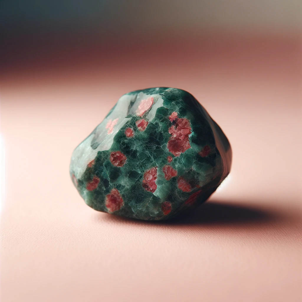 Here's the image of a rough bloodstone against a light pink background, showcasing its deep green color with characteristic red flecks or spots. The stone's unique appearance and rich texture stand out vividly against the backdrop, highlighting its raw beauty.